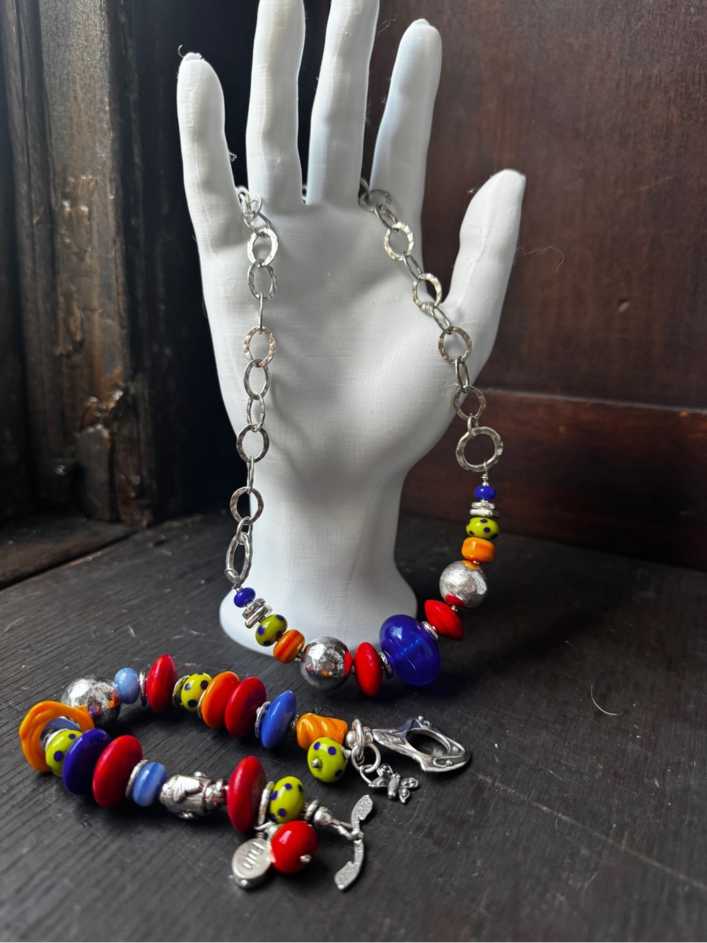 Artisan Original Ethnic Sterling Silver Necklace & Bracelet Murano style Glass